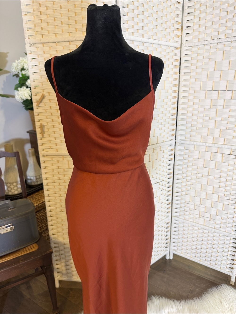 BHLDN Rust-Toned Strapless Cowl Slip Dress